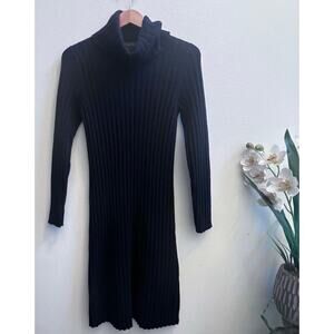 Ralph Lauren Turtleneck 100% Lambswool Black Ribbed Sweater‎ Midi Dress Sz Large